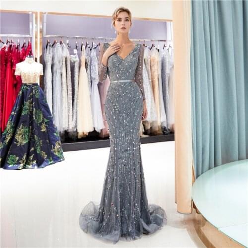 Long Sleeves Modest Grey Mermaid Prom Dresses Luxurious Beading Sequins Long Women Evening Party Gowns Muslim Middle East Dubai