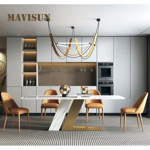Stainless Steel Titanium Rectangular Marble Long Dining Table Golden Combination Of Dining Table And Chairs Apartment Furniture