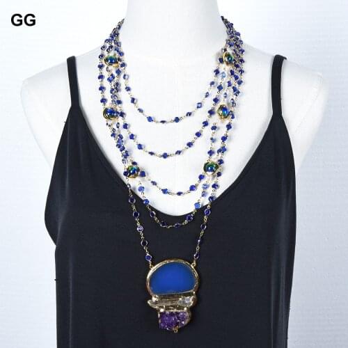 GG Jewelry 5 Rows Natural White Pearl Blue Crystal Chain Blue Murano Glass Beads Necklace Agate Pendant Handmade For Women