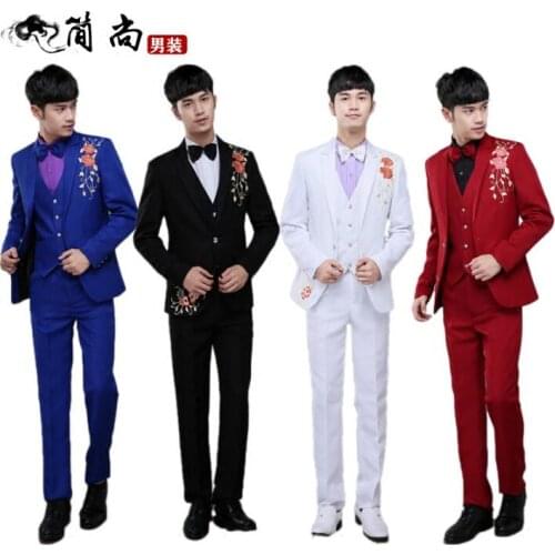 Three-piece set blazer men formal dress suit men embroidery homme terno slim marriage wedding suits for men stage fashion dance