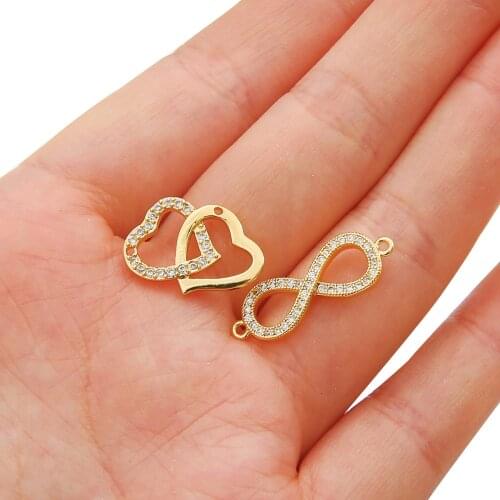 Fashion Jewelry Copper CZ Shape 8 Letter Small Charm 2 Hole /Double Heart Pendant Connectors for Necklace Diy Jewelry Making