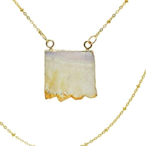 Fashion Boho Jewelry 2 loop yellow crystal quartz geode druzy stone pendant necklace rectangle natural slice connector necklace