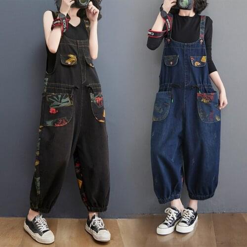 Fashion Casual Denim Overalls Rompers Strap Cowboy Suspenders Washed Jeans Long Pants Jumpsuits Female Loose Pockets Floral 2021