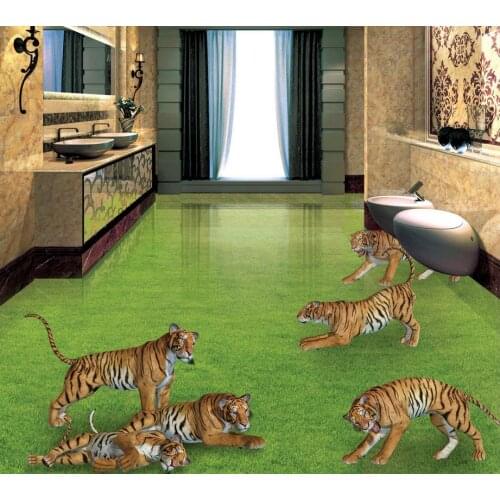 Custom 3D Painting Floor Wallpaper PVC Adhesive Tiger On The Grass 3D Bathroom Living Room Floor Modern Sticker 3D Floor