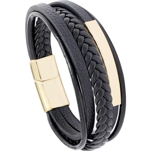 New Punk Style Stainless Steel Men Bracelet Charm Multilayer Bangle Leather Braid Magnetic Clasp Male Bracelets Jewelry