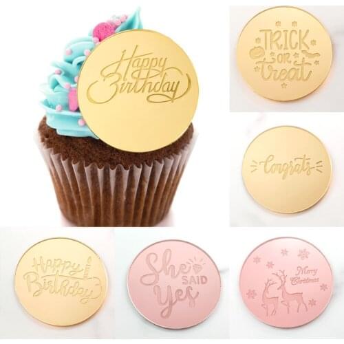New 5cm Gold Happy Birthday Christmas Cupcake Topper Acrylic Rose Gold Round Cake Topper for Wedding Party Cake Decorations