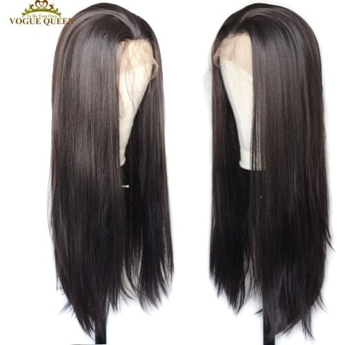 Vogue Queen Darkest Brown Synthetic Lace Front Wig Long Straight Heat Resistant Fiber Daily Wear For Women