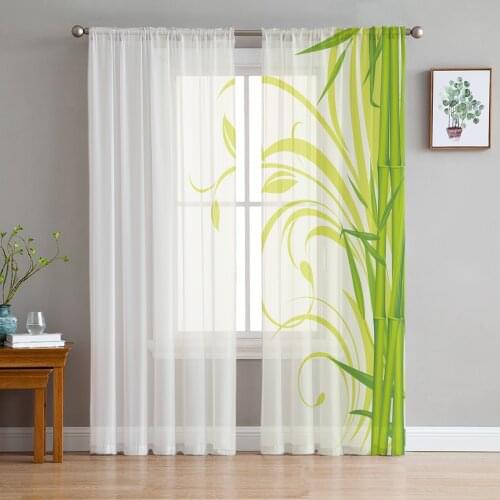 Green Art Bamboo White Sheer Curtains for Living Room Bedroom Kitchen Tulle for Windows Voile Yarn Curtains for Bedroom