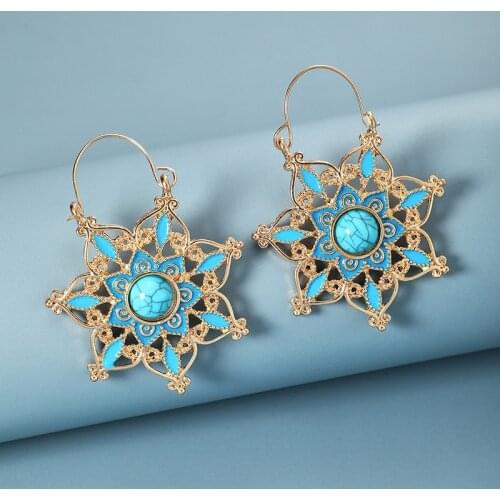 Retro sunflower Earrings geometric flower turquoise blue National Style Earrings Fashion carved hollow Earrings womens jewelry