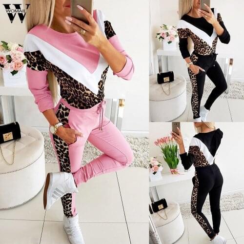 Tracksuit Women Fashion Spring Leopard Patchwork O-Neck Sweatshirt+Long Pant Two Piece Set Outfit Sport Set Moletom Feminino