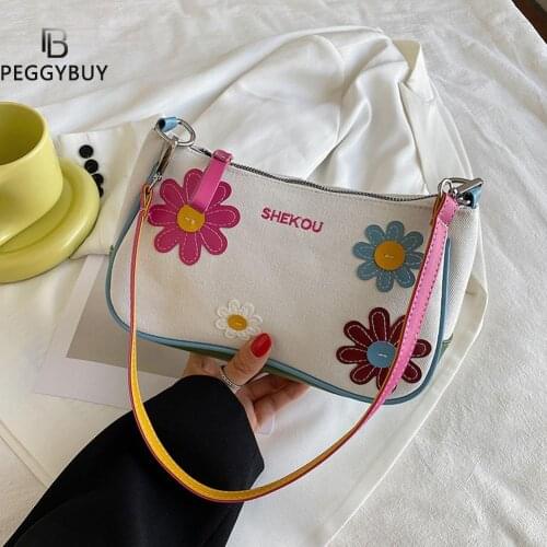 Fashion Women Flower Contrast Color Canvas Underarm Bag Casual Small Handbags New Collection All-match Subaxillary Tote