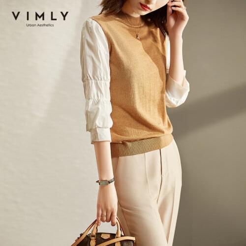 VIMLY Sweater For Women 2021 autumn new knitted vest wool blended lantern sleeve Patchwork tops Elegant Female Clothing F9251
