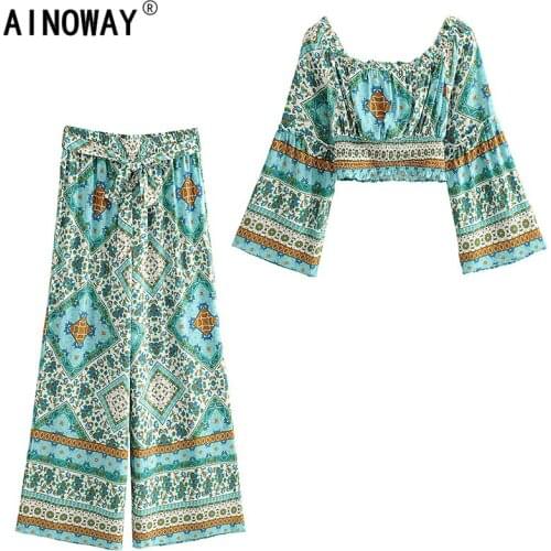 Vintage chic Women two piece outfits off shoulder half Sleeve tops Bohemian Drawstring skirts 2 pieces rayon cotton Boho sets