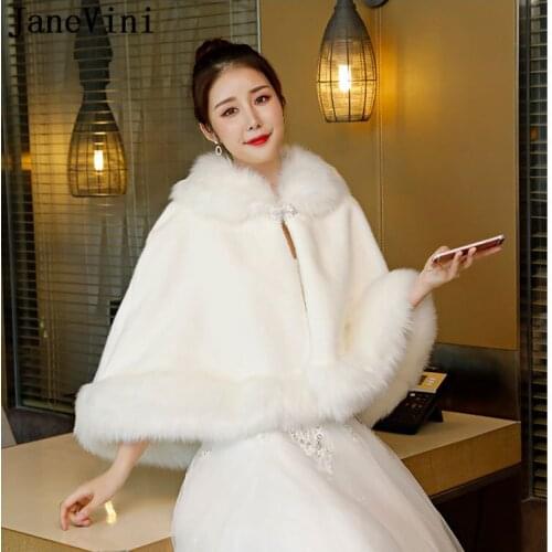 JaneVini Fashion Women Jacket Faux Fur Shawl Wrap Winter Cape Jackets White Wedding Coat Bridal Dress Boleros Stoles Cloak Shrug