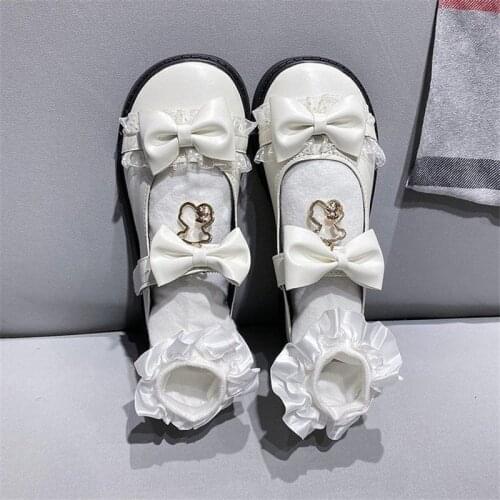 Lady Sweet Lace Bowknot Shoes Fashion Designer Kawaii Lolita Mary Jane Flats Women 2021 Spring Leather Platform White Loafers