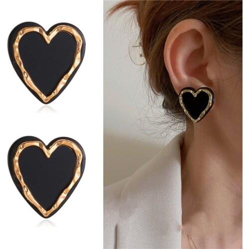Enamel Heart Stud Earrings for Women Black Color Love Couple Gifts Trendy Korean Simple Cute Romantic Jewelry Accessories Ear