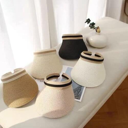 Womens Sun Hats Handmade Straw Visor Caps Summer Hat Empty Top Beach Hat