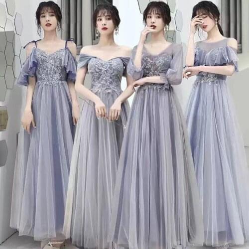 Bridesmaids Dresses Short O-Neck A-Line Off The Shoulder Lace Tulle Embroidery Luxury Floor-Length Women Wedding Party Gown E455