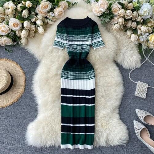 Teeuiear vintage Slim spring Summer striped print Knitted Bodycon short Dress Women stretch Party dress club sheath dresses
