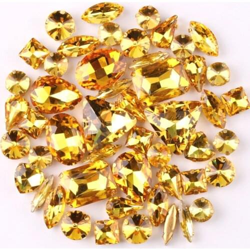 Gold claw setting 50pcs/bag shapes mix Topaz glass crystal sew on rhinestone wedding dress shoes bags diy trim