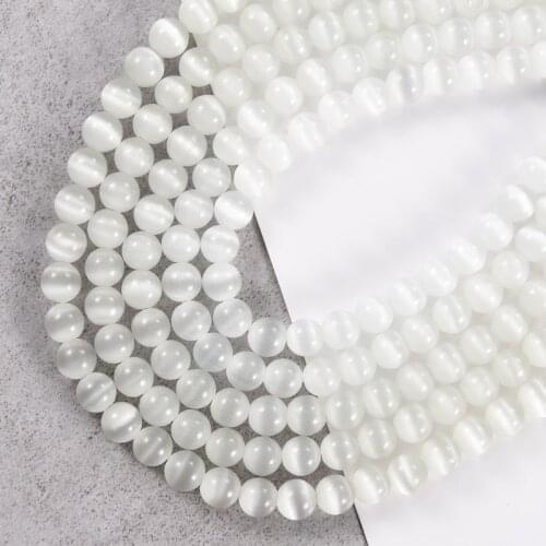 Natural Stone Beads White Cat Eye Round Loose Beads 4/6/8/10/12mm Jewelry Making DIY Bracelet 15" Strand