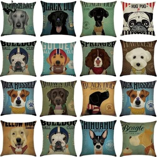 18" Vintage Pillow Case Dog Digital Printed Linen Cute Cartoon Dog Pattern Sofa Cushion Cover Living Room Decoration Pillowcase