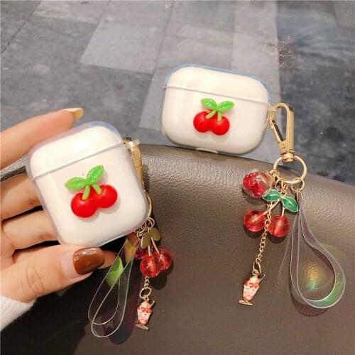 INS Cute Cherry Decor TPU Soft Clear Headset Cover For Apple Airpods 1 2 Pro 3 Bluetooth Earphonone Case Crystal Cherry Keychain