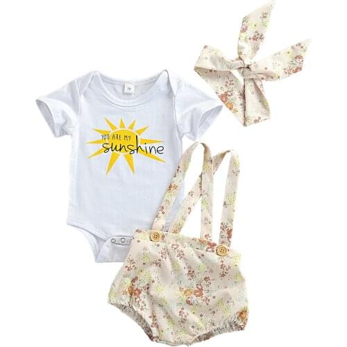 Toddler Baby Girls Outfit Summer Creative Sun Letters Short Sleeve Romper + Floral Printing Suspender Shorts + Headwear
