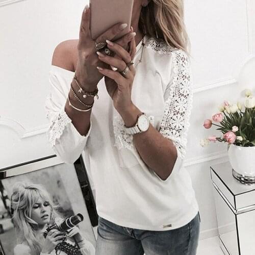 2019 New Womens Spring T-shirt Top Lace Patchwork Hollow Out Sleeve Female T-shirt White Shirts Tees