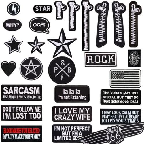 New Black White Letter Slogan Zipper Embroidered Iron on Patches for Clothing Star Heart Appliques Stripe Clothes Sticker Badge