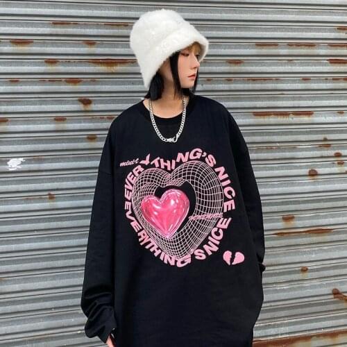 2021 autumn new long-sleeved t-shirt printing love Harajuku style loose long shirt unisex models couple