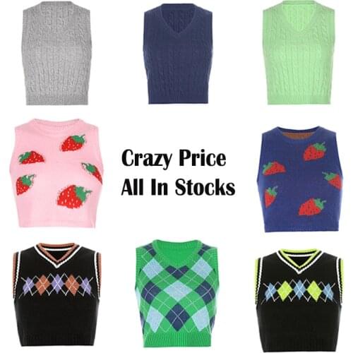 Casual Kawaii Knitted Y2k Sweater Vests For Women 2021Vintage Aesthetic Sleeveless Crop Top Female Pullover Jumper Streetwear