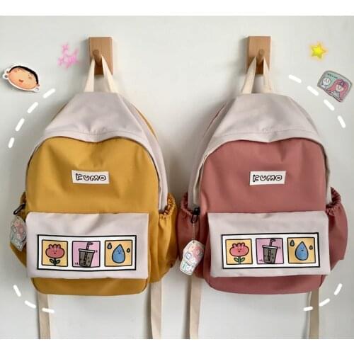 Cartoon Printed School Backpack for Girls Solid Color Waterproof Nylon Backpack for Women Casual Personality Backpack Harajuku