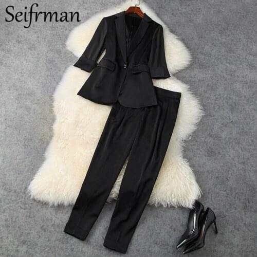 Seifrmann Women Spring Women Fashion Runway Pants Set Half Sleeve Slim Jacket + High Waist Print Long Pants 2 Two Pieces Suits