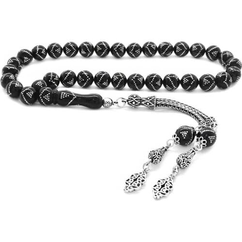 Tesbihane 925 Sterling Silver Tassels Silver Pyramid Embroidered Erzurum Oltu stone Rosary