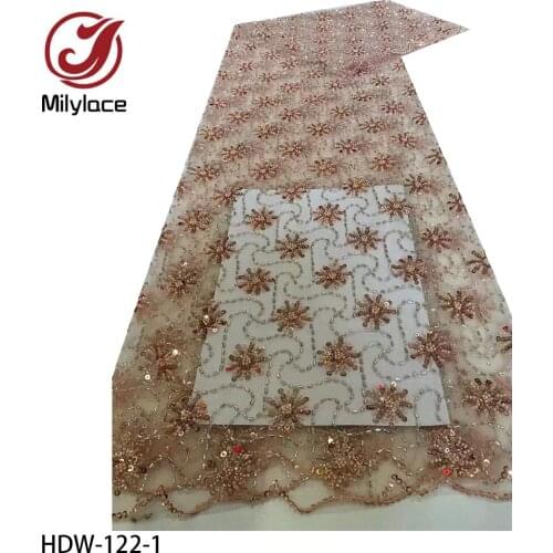 High Grade Bead Tube Embroidery African Tulle Lace Fabric with Sequins French Lace Fabric for Party Dress HDW-122