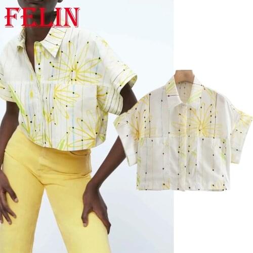 Women Chic Floral Print Short Shirts Za Fashion 2021 Summer Short Sleeve Streetwear Loose Blouses Pockets Mujer Tops
