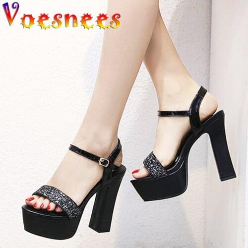 Sexy Bling Rhinestone Nightclub Sandals 2021 Summer Chunky High Heels Buckle Strap Platform Peep Toe Korean Style Women Shoes