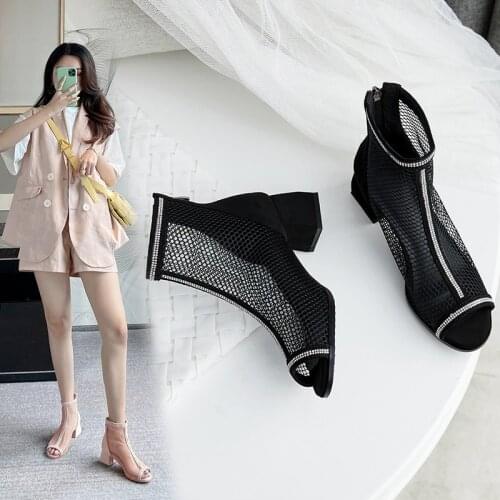 2020 NEW Fish mouth Mesh women Summer Boots Black Zipper Mesh Botas Mujer Brand Design Female Shoes Ankle Booties Size 31 32 41