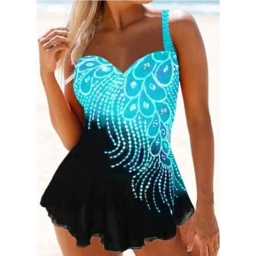 Womens Feather Print Patchwork Tankini Swimwear Halter Rhinestone Bathing Suit Tummy Control High Waist Swimsuit Plus Size 8XL