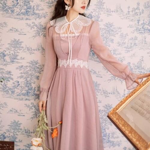 Fairy Dress French Gntle Wind Sweet Purple Dress Women 2021 Vestido Spring Long-Sleeved Lace Stitching Fashion Chiffon Dresses