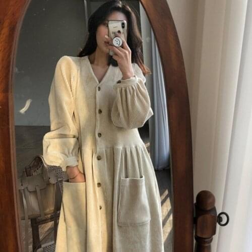 Women Fall Winter Vintage Corduroy Single Breasted Long Dress Korean Elegant Tunic Casual Full Sleeve Dress with Pocket Vestidos