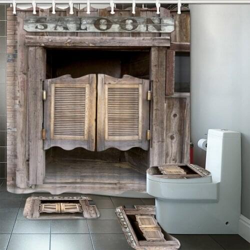 180*180cm Rustic Old Wooden Barn Door Western Shower Curtain Bathroom Set Toilet Cover Mat Non Slip Rug Home Decor