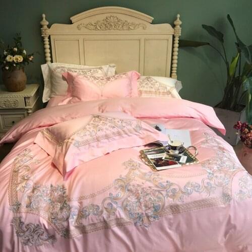 Luxury Embroidered 120S Egyptian cotton Pink Royal Bedding sets Queen King Wedding Duvet cover Bed sheet set Pillowcases 4pcs