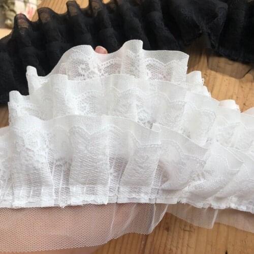 Black 3D chiffon lace pleated skirt with cuffs, doll skirt ruffles lace trim long skirt lace fabric accessories