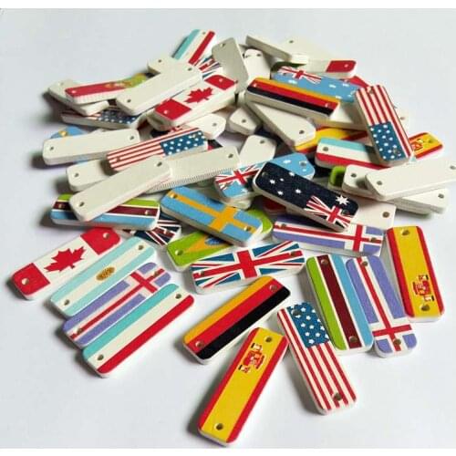 50pcs Printed flag pattern Buttons Wooden Labels Tags 2 Holes for Crafts Accessories With Hand Made Lettering