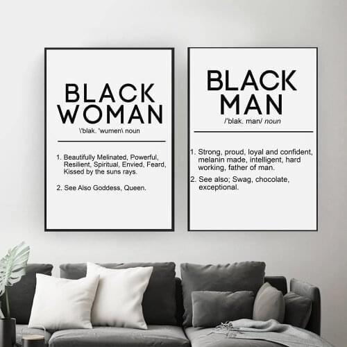 Frameless Canvas Painting Black Woman and Man Definition Quote Posters Prints Wall Art Black Home Decor for Bedroom Living Room