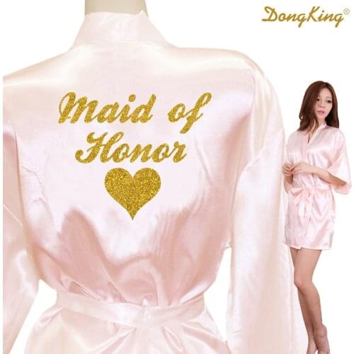 DongKing MAID OF HONOR Robes Maid of Honor Heart Golden Glitter Print Faux Silk Kimono Robes Wedding Gift Team Bride 21 Colors