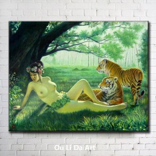 Impression Chinese figure flower girl nude art tiger oil paintings canvas printing printed on canvas wall art decoration picture