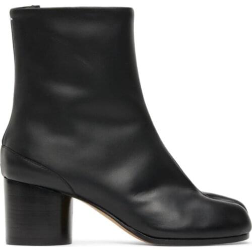 Fashion Woman Shoes Black Mid Heel Tabi Boots Ankle-high Buffed Leather Boots Cleft Toe